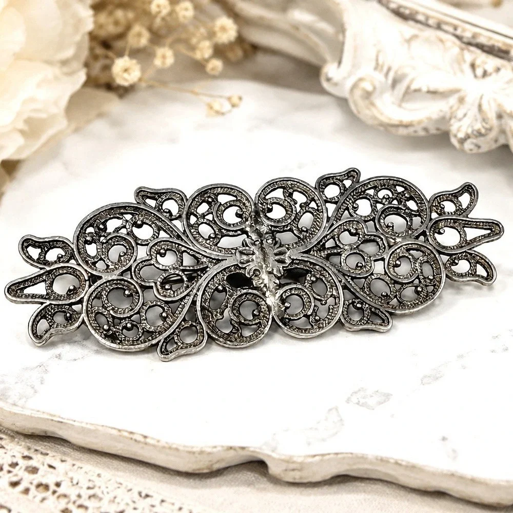 Antique Art Nouveau Filigree Brooch Silver Tone Ornate Open Scroll C Clasp 3